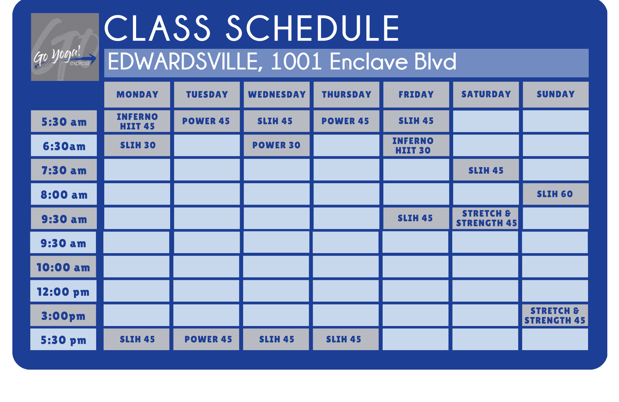 Go Yoga Express Edwardsville, Illinois yoga studio schedule at a glance