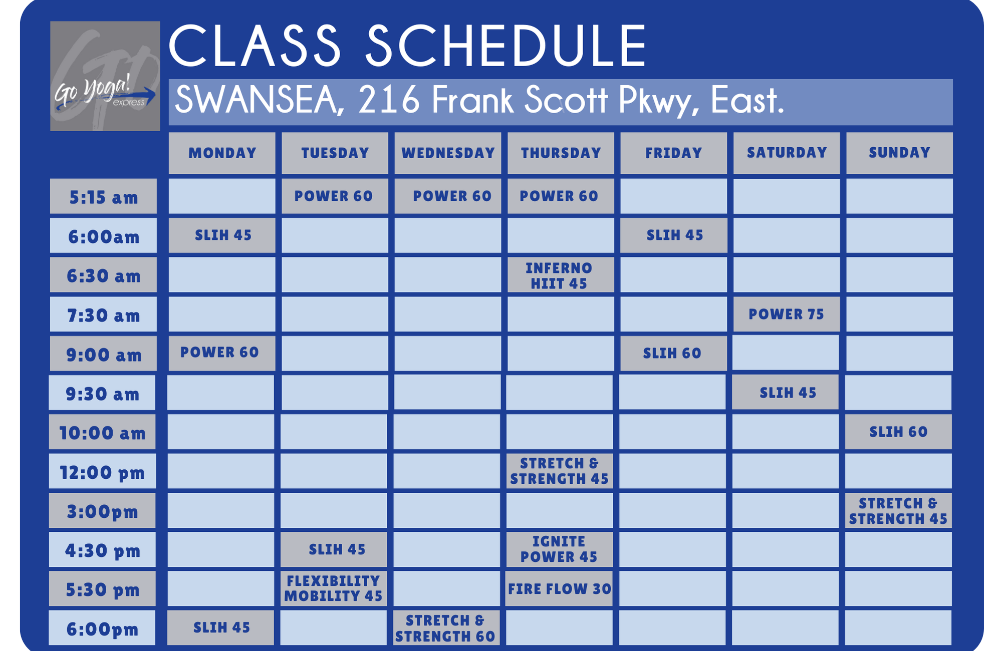 Go Yoga Express Swansea Illinois Yoga Studio Schedule at a glance